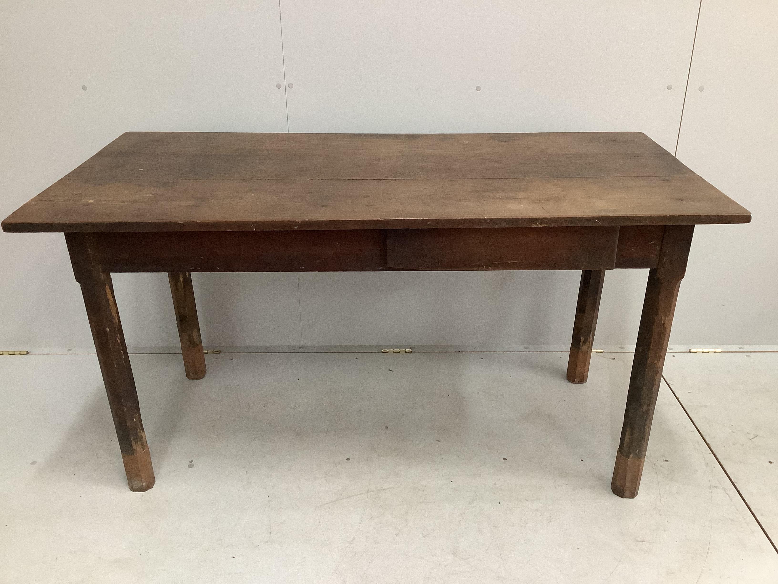 A 19th century French rectangular fruitwood kitchen table with single drawer, width 152cm, depth 73cm, height 78cm